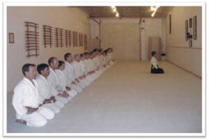 Photo of long line of Aikido Students lined up to bow in before class.
