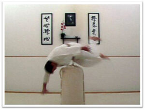 Photo of Mumonkan-Do Aikido doing a breakfall over a tall stuffed bag.
