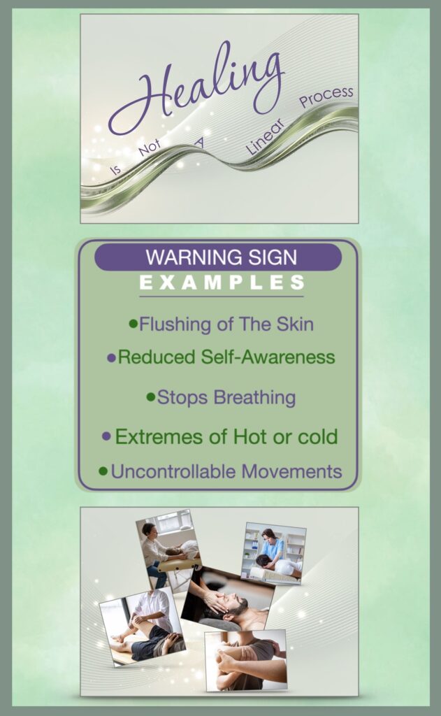 Image with text conveying different "warning signs" to look for to know if someone is traumatized if you are NOT an Somatic Experiencing Practitioner.