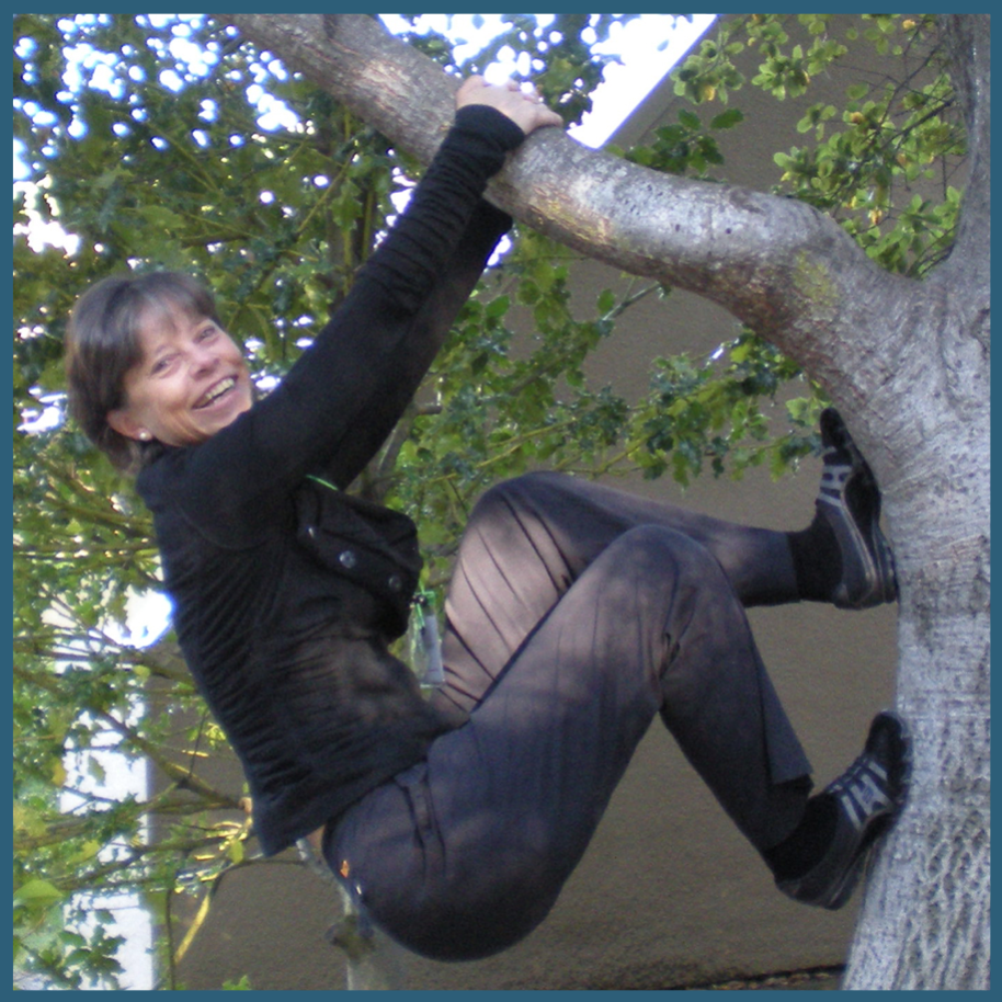 Image of Dr. Parker, the teacher, climbing a tree to show how Feldenrkrais Movement Lessons can keep you active as you age.