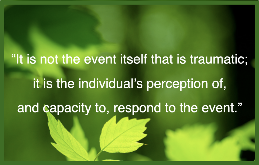 A quote about it is not the event itself that is traumatic, but rather the individual's perception . . . Somatic Experiencing principle.