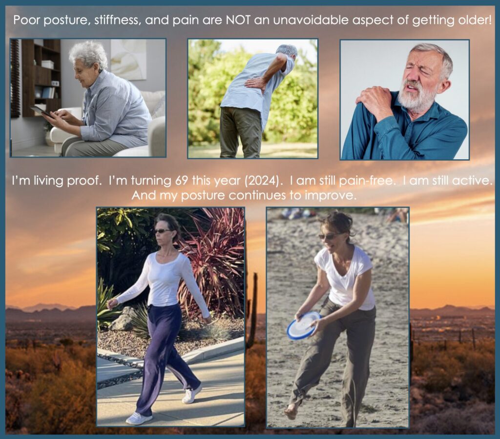 Image of older people in pain with poor posture and then contrasting it to someone walking briskly and playing frisbee to communication that older people can have good posture and stay active