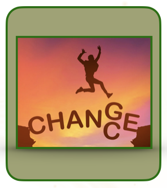 Image of Person jumping implying taking a chance -- with the letter also with change . . . to imply changing is taking a chance which takes courage