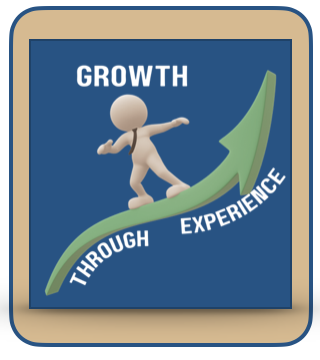 A graphic reading "growth through experience" with an upward arrow
