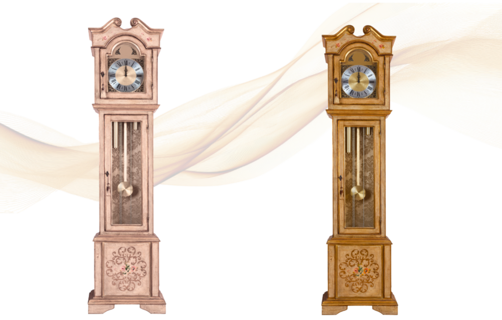 two grandfather clocks with a swirling golden wave connecting them