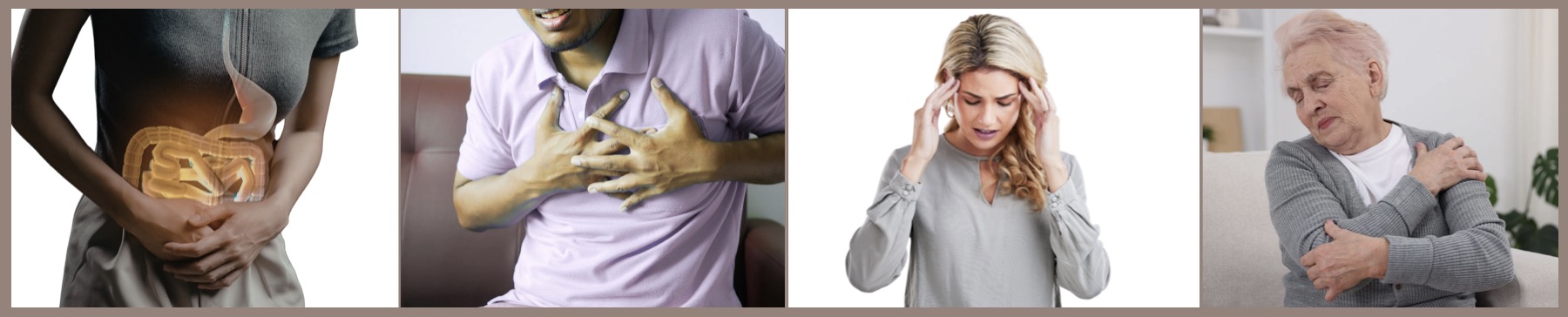 A woman holding her abdomen in pain, a man clutching his chest in pain, a woman holding her head in pain, and a woman holding her shoulder in pain