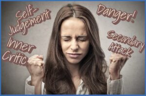 A woman surrounded by words about self-judgement