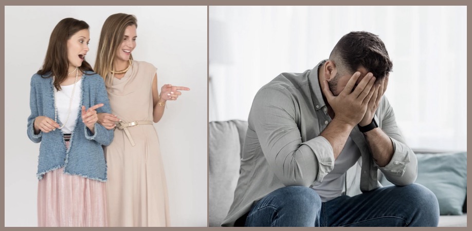 Two women point judgmentally at someone out of shot, a man holds his face in his hands