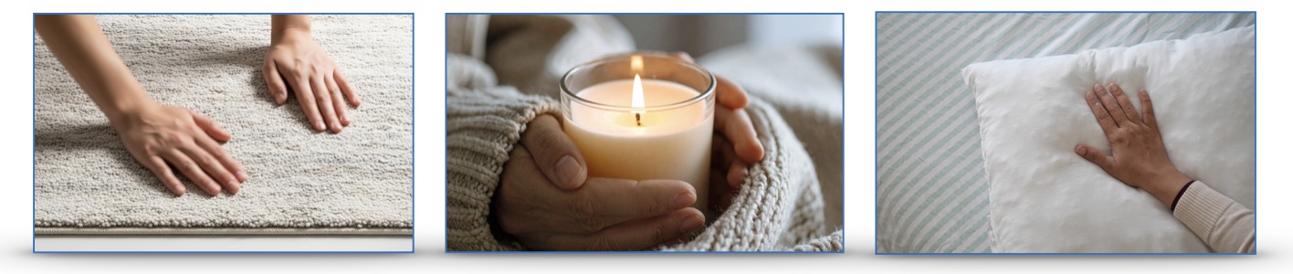 A hand touching a pillow, hands cupping a candle in a glass holder, hands touching a carpet