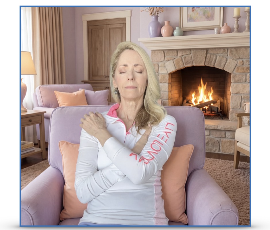 A woman holding her torso with crossed arms