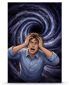 A man holding his head with a vortex of anxiety behind him