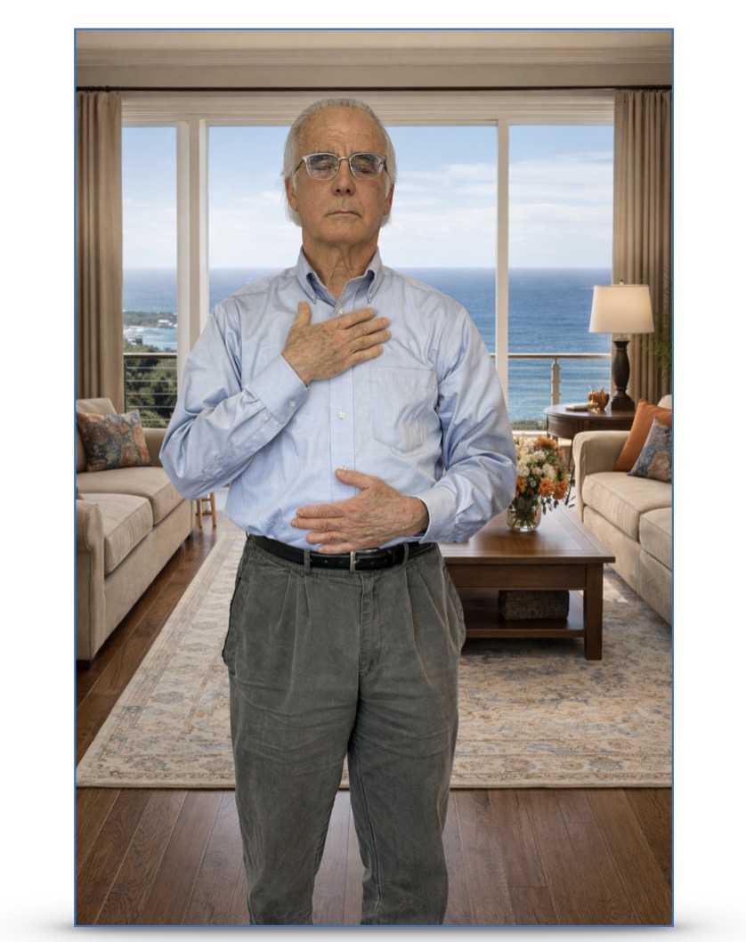 A man placing a hand on heart and a hand on abdomen