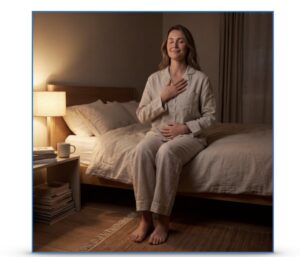 A woman sits on the side of her bed, one hand on heart heart and one hand on her stomach